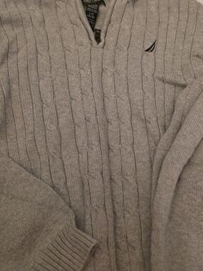 Nautica Gray Cable-Knit Zip V-Neck Sweater with Sail Logo